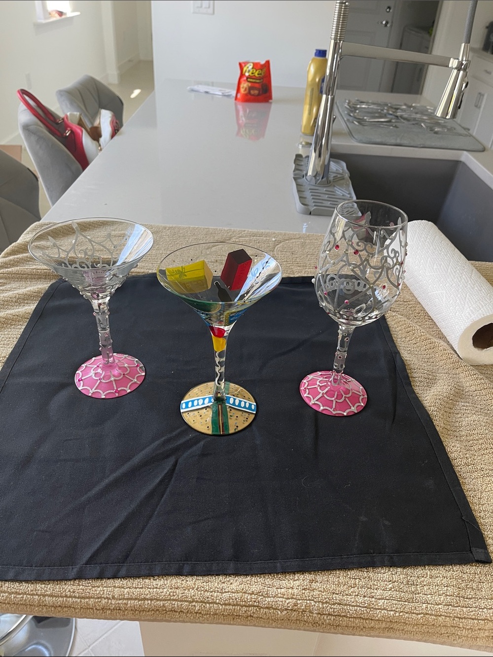 Three Hand-Painted Colorful Stemmed Glassware Set - Pink & Multicolor